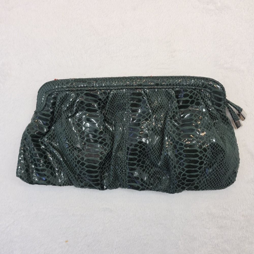 H&M Green Faux Snakeskin Clutch Wristlet Zip Pouch Evening Bag